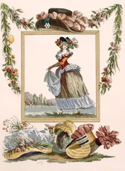 Dançarina vestida de pierrot caraco com chapéus, gravada por Dupin, placa no.241 de &39;Galeries des Modes et Costumes Francais&39;, c.1778-87